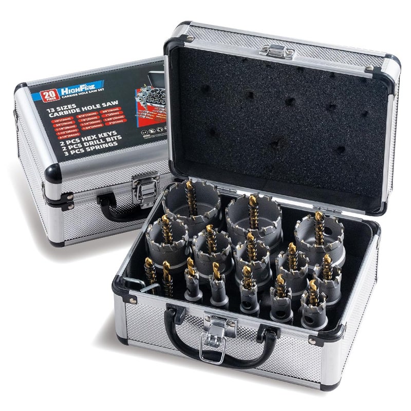Highfire 20pcs Carbide Hole Saw Kit with Case, Carbide Tipped Hole Cutter with Pilot Drill bit for Stainless Steel, Iron, Aluminum, Alloy, Plastic - Image 1